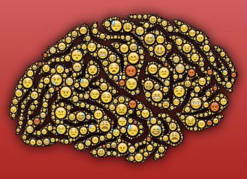 a brain made up of smiley faces on a red background