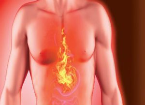 a man with a burning stomach in the middle of his body