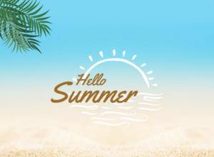 a beach scene with a palm tree and the words hello summer